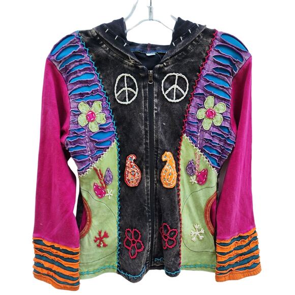 NEW Patchwork Peace Sign Paisley Hippie ZipUp Jacket sz S Festival Boho Cochella - Picture 1 of 8